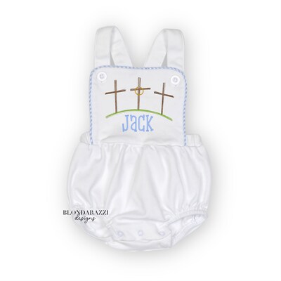 Baby boys easter sun bubble romper with embroidered name and three crosses christian faith based design - image1